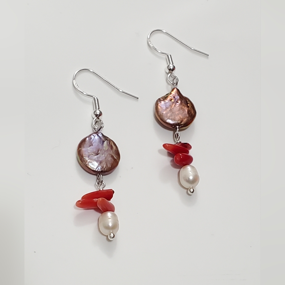 Handmade Coin Keshi Pearl Corals Earrings
